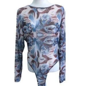 SHEIN Curve Long Sleeve Marble Print Mesh Body Suit Three Button Clip 2XL